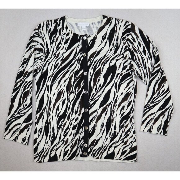 CHARTER CLUB - BLACK BROWN IVORY ZEBRA PRINT 3/4 SLEEVE CARDIGAN SWEATER - M - Picture 3 of 7